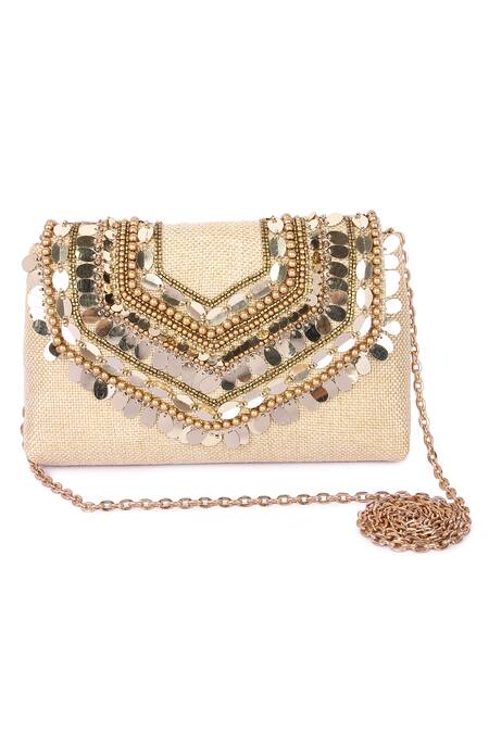 The Purple Sack_Beige Pearls, Sequins, Stones Boho Jacquard Embroidered Bag _Online_at_Aza_Fashions