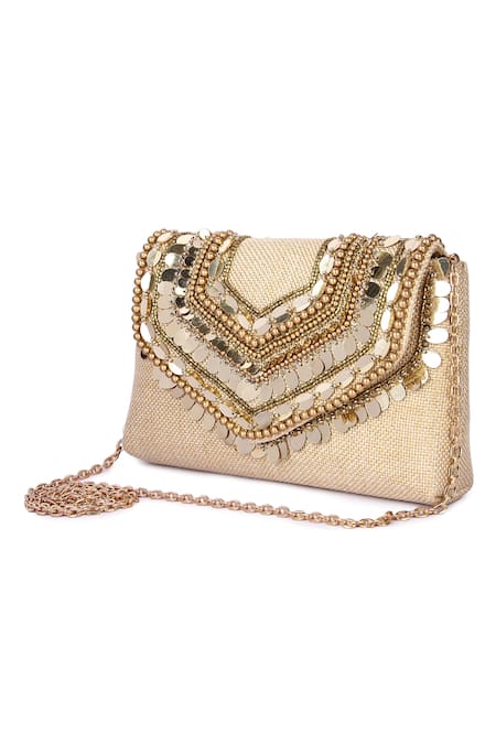 Shop_The Purple Sack_Beige Pearls, Sequins, Stones Boho Jacquard Embroidered Bag _Online_at_Aza_Fashions
