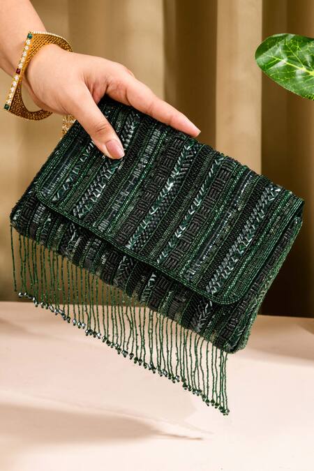 The Purple Sack Green Sequins, Cut Work Fiesta And Crystal Embroidered Bag