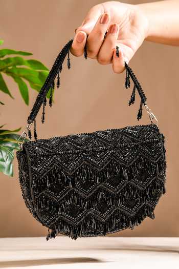 The Purple Sack_Black Beads, Crystals Tasselled Bag _Online_at_Aza_Fashions