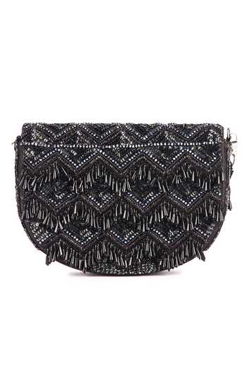 The Purple Sack_Black Beads, Crystals Tasselled Bag _at_Aza_Fashions