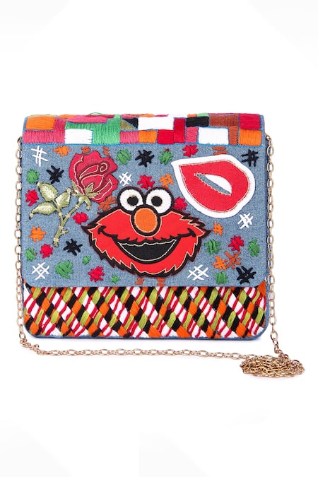 The Purple Sack_Multi Color Patchwork, Embroidery Happy Monster Denim Bag _Online_at_Aza_Fashions