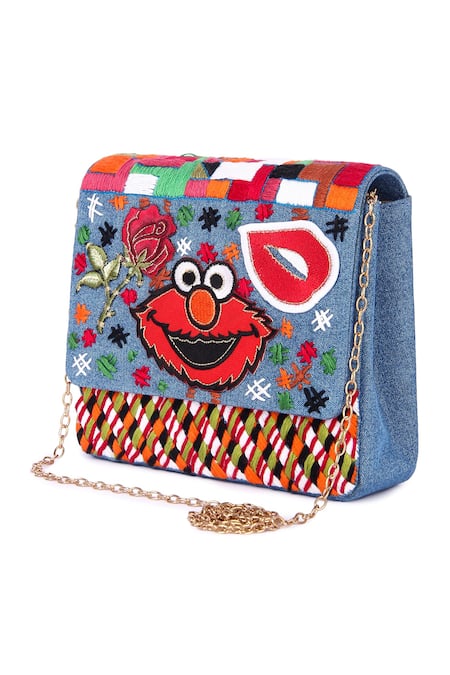 Buy_The Purple Sack_Multi Color Patchwork, Embroidery Happy Monster Denim Bag _Online_at_Aza_Fashions