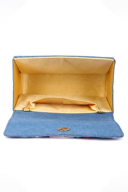 The Purple Sack_Multi Color Patchwork, Embroidery Happy Monster Denim Bag _at_Aza_Fashions