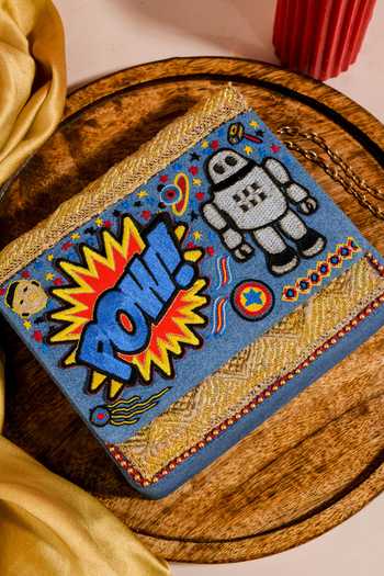 The Purple Sack_Multi Color Patchwork, Embroidery Pow Wow Denim Bag_Online_at_Aza_Fashions