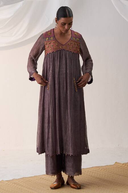 Itrh Purple Crepe, Silk Embroidery V-neck Yoke Anarkali And Pant Set 