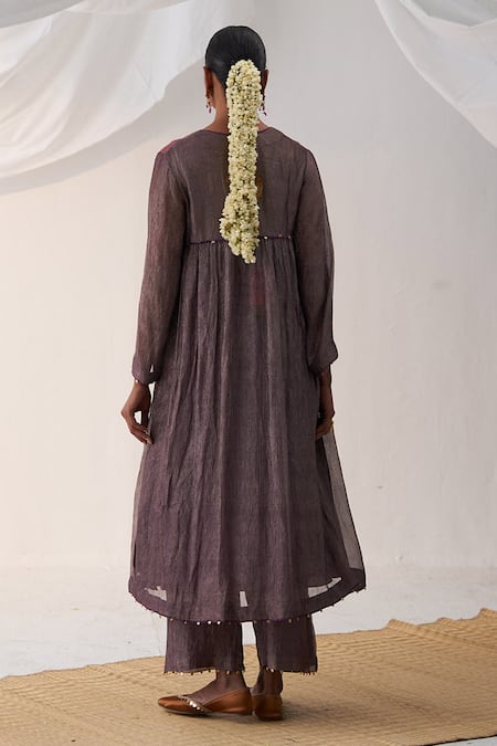 Shop Itrh Purple Crepe, Silk Embroidery V-neck Yoke Anarkali And Pant Set at Aza Fashions Shop_Itrh_Purple Crepe, Silk Embroidery V-neck Yoke Anarkali And Pant Set _at_Aza_Fashions