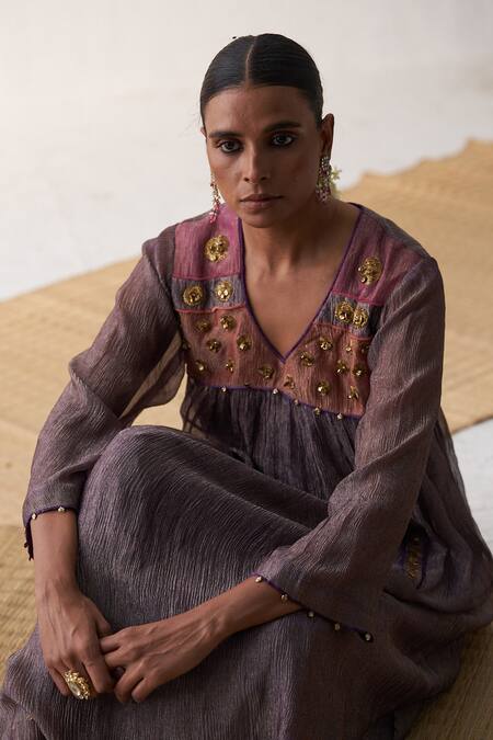 Buy Itrh Purple Crepe, Silk Embroidery V-neck Yoke Anarkali And Pant Set Online at Aza Fashions Buy_Itrh_Purple Crepe, Silk Embroidery V-neck Yoke Anarkali And Pant Set _Online_at_Aza_Fashions