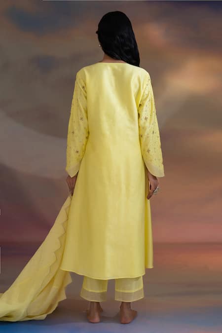 Shop_Kacha Tanka_Yellow Chanderi Embroidered Hand Notched Kurta Pant Set _at_Aza_Fashions