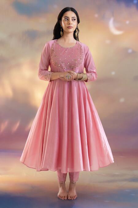 Kacha Tanka Pink Chanderi Sequins, Embroidery Round Embellished Anarkali Salwar Pant Set Online at Aza Fashions Kacha Tanka_Pink Chanderi Sequins, Embroidery Round Embellished Anarkali Salwar Pant Set _Online_at_Aza_Fashions