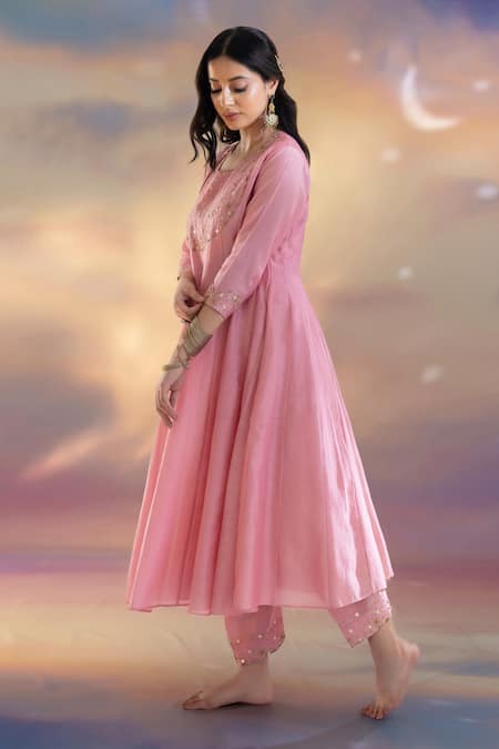 Buy Kacha Tanka Pink Chanderi Sequins, Embroidery Round Embellished Anarkali Salwar Pant Set Online at Aza Fashions Buy_Kacha Tanka_Pink Chanderi Sequins, Embroidery Round Embellished Anarkali Salwar Pant Set _Online_at_Aza_Fashions