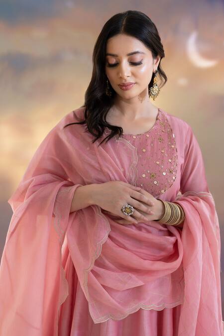 Shop Kacha Tanka Pink Chanderi Sequins, Embroidery Round Embellished Anarkali Salwar Pant Set Online at Aza Fashions Shop_Kacha Tanka_Pink Chanderi Sequins, Embroidery Round Embellished Anarkali Salwar Pant Set _Online_at_Aza_Fashions