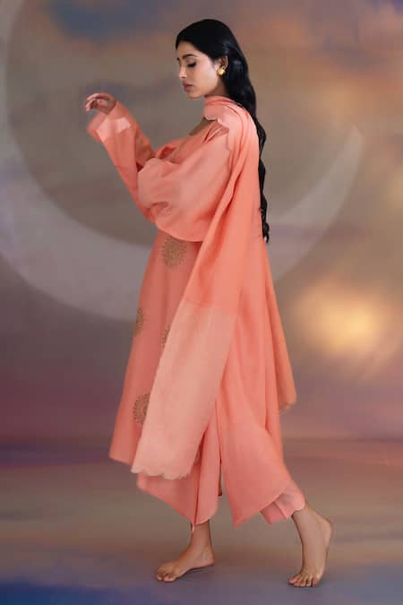 Buy Kacha Tanka Peach Chanderi Embroidered Hand Round Keyhole Neck Kurta Salwar Set Online at Aza Fashions Buy_Kacha Tanka_Peach Chanderi Embroidered Hand Round Keyhole Neck Kurta Salwar Set _Online_at_Aza_Fashions