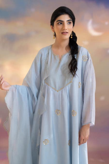 Kacha Tanka Blue Chanderi Embroidered Hand Notched Kurta Salwar Set Online at Aza Fashions Kacha Tanka_Blue Chanderi Embroidered Hand Notched Kurta Salwar Set _Online_at_Aza_Fashions