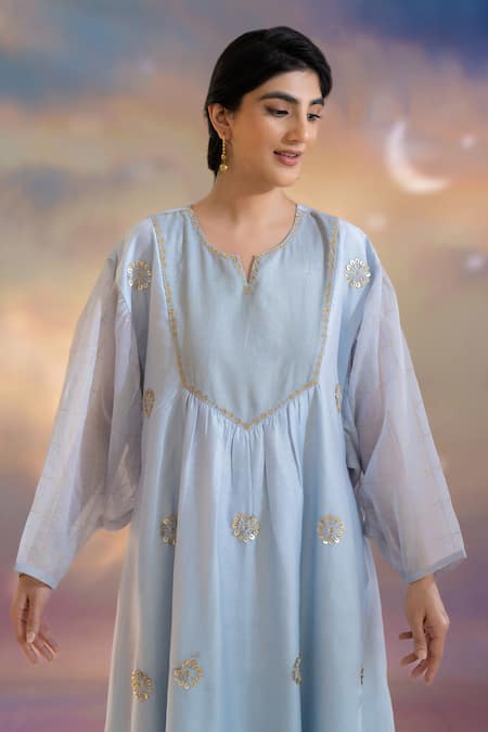 Buy Kacha Tanka Blue Chanderi Embroidered Hand Notched Kurta Salwar Set Online at Aza Fashions Buy_Kacha Tanka_Blue Chanderi Embroidered Hand Notched Kurta Salwar Set _Online_at_Aza_Fashions