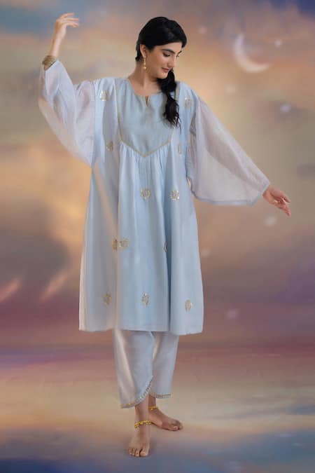 Shop Kacha Tanka Blue Chanderi Embroidered Hand Notched Kurta Salwar Set Online at Aza Fashions Shop_Kacha Tanka_Blue Chanderi Embroidered Hand Notched Kurta Salwar Set _Online_at_Aza_Fashions