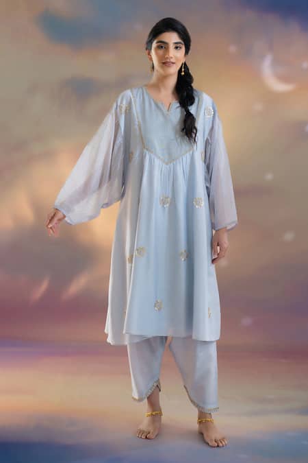 Kacha Tanka Blue Chanderi Embroidered Hand Notched Kurta Salwar Set at Aza Fashions Kacha Tanka_Blue Chanderi Embroidered Hand Notched Kurta Salwar Set _at_Aza_Fashions