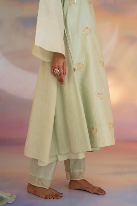 Shop Kacha Tanka Green Chanderi Embroidered Hand Notched Kurta Palazzo Set Online at Aza Fashions Shop_Kacha Tanka_Green Chanderi Embroidered Hand Notched Kurta Palazzo Set _Online_at_Aza_Fashions