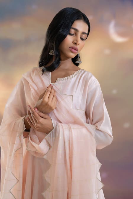 Buy Kacha Tanka Pink Chanderi Embroidered Hand Notched Kalidaar Kurta Pant Set Online at Aza Fashions Buy_Kacha Tanka_Pink Chanderi Embroidered Hand Notched Kalidaar Kurta Pant Set _Online_at_Aza_Fashions