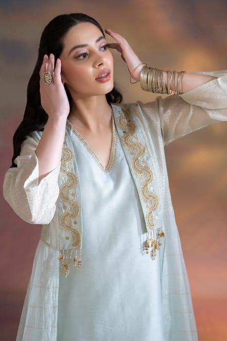 Buy_Kacha Tanka_Grey Chanderi Embroidered Hand Kurta V Neck Jacket Pant Set _Online_at_Aza_Fashions