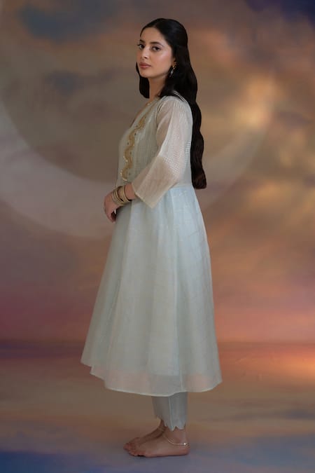 Shop_Kacha Tanka_Grey Chanderi Embroidered Hand Kurta V Neck Jacket Pant Set _Online_at_Aza_Fashions