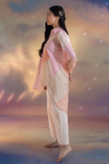 Kacha Tanka Peach Chanderi Collared Shirt And Palazzo Set Online at Aza Fashions Kacha Tanka_Peach Chanderi Collared Shirt And Palazzo Set _Online_at_Aza_Fashions