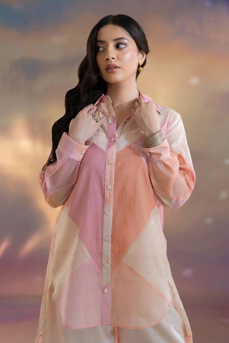 Buy Kacha Tanka Peach Chanderi Collared Shirt And Palazzo Set Online at Aza Fashions Buy_Kacha Tanka_Peach Chanderi Collared Shirt And Palazzo Set _Online_at_Aza_Fashions