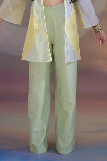 Kacha Tanka_Green Chanderi V-, Open Patchwork Jacket Pant Set _Online_at_Aza_Fashions