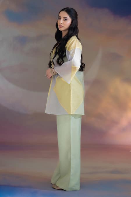 Buy_Kacha Tanka_Green Chanderi V-, Open Patchwork Jacket Pant Set _Online_at_Aza_Fashions