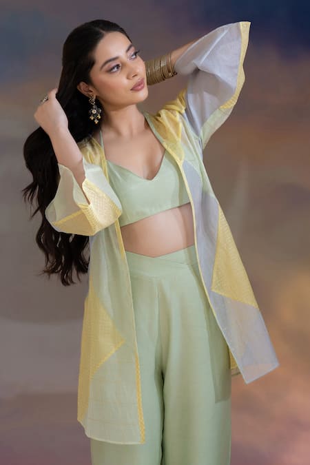 Shop_Kacha Tanka_Green Chanderi V-, Open Patchwork Jacket Pant Set _Online_at_Aza_Fashions