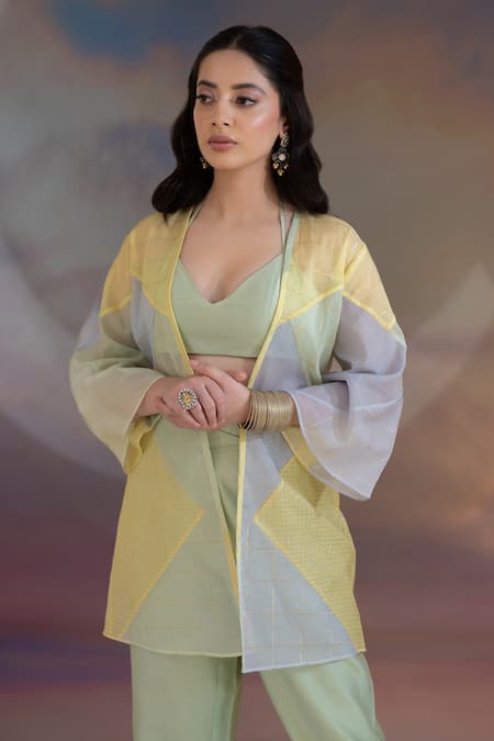 Kacha Tanka_Green Chanderi V-, Open Patchwork Jacket Pant Set _at_Aza_Fashions