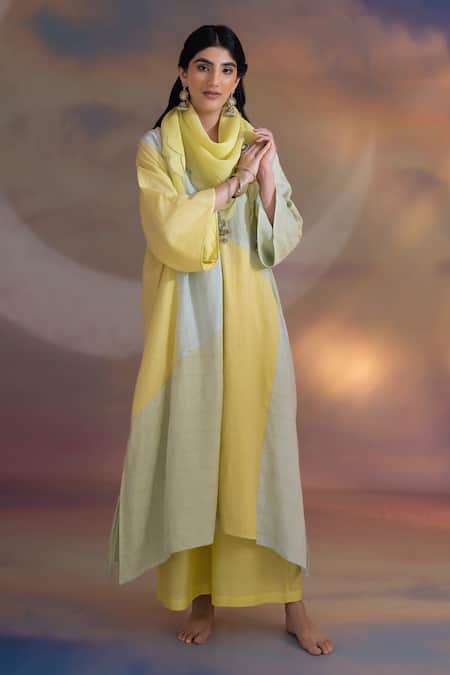 Kacha Tanka_Green Chanderi Round Neck Kaftan Palazzo Set _Online_at_Aza_Fashions