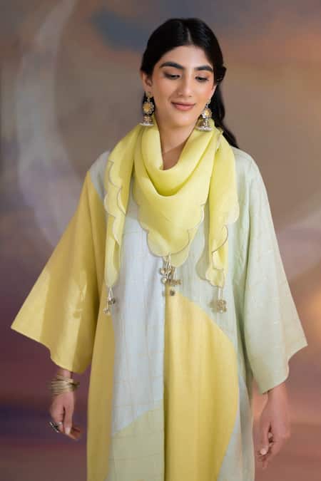 Shop_Kacha Tanka_Green Chanderi Round Neck Kaftan Palazzo Set _Online_at_Aza_Fashions