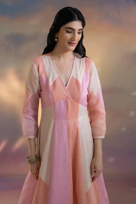 Buy Kacha Tanka Peach Chanderi V-neck Patchwork Dress Online at Aza Fashions Buy_Kacha Tanka_Peach Chanderi V-neck Patchwork Dress _Online_at_Aza_Fashions