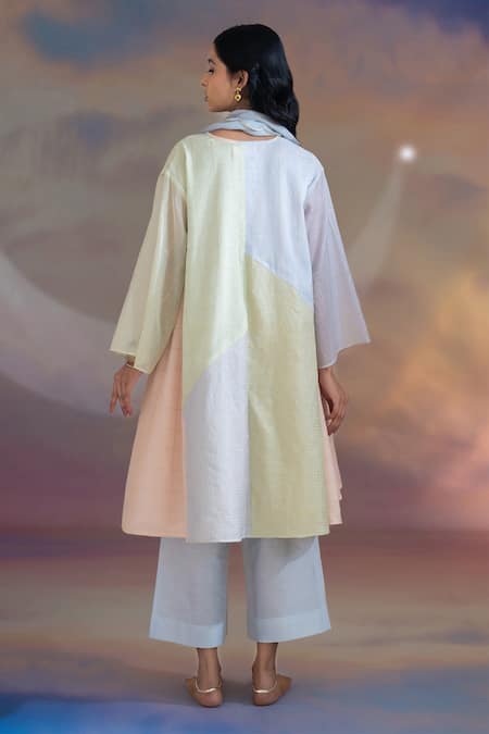 Kacha Tanka Chanderi Patchwork Textured Kurta Pant Set 