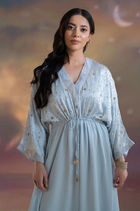 Kacha Tanka_Blue Modal Embroidery V-neck Hand Kaftan Maxi Dress _Online_at_Aza_Fashions