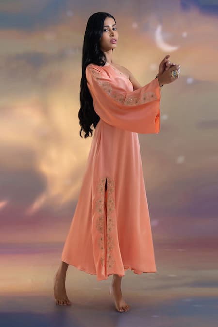Delicate Peach Color Party Look Georgette Gown With Dupatta