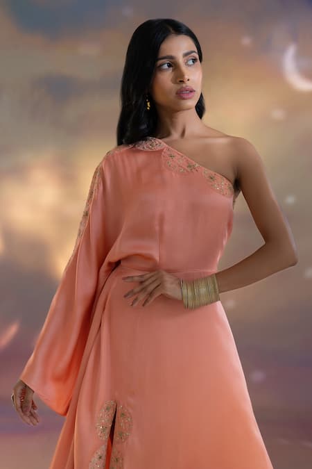 Buy_Kacha Tanka_Peach Modal Embroidery, Patchwork One Shoulder Dress _Online_at_Aza_Fashions