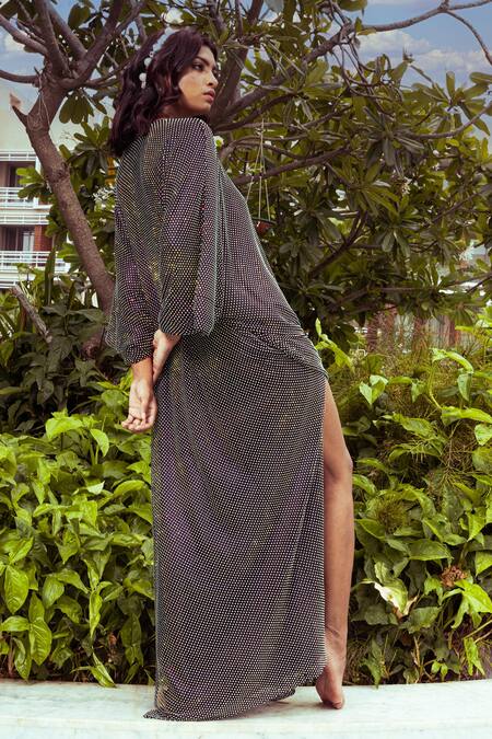 Shop Nitya Bajaj Black Satin, Muslin Keyhole Neck Holographic Crystal Embroidered Kaftan Online at Aza Fashions Shop_Nitya Bajaj_Black Satin, Muslin Keyhole Neck Holographic Crystal Embroidered Kaftan_Online_at_Aza_Fashions