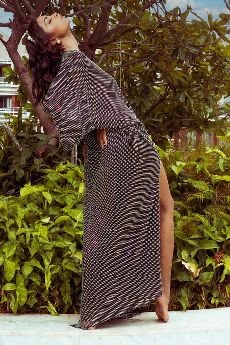 Nitya Bajaj Black Satin, Muslin Keyhole Neck Holographic Crystal Embroidered Kaftan at Aza Fashions Nitya Bajaj_Black Satin, Muslin Keyhole Neck Holographic Crystal Embroidered Kaftan_at_Aza_Fashions