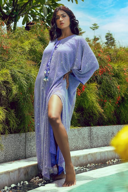 Nitya Bajaj Purple Satin Crystals Keyhole Neck Embroidered Kaftan 
