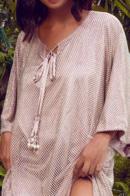 Nitya Bajaj_Pink Satin, Modal Tassels Keyhole Neck Crystal Hand Embroidered Kaftan_Online_at_Aza_Fashions
