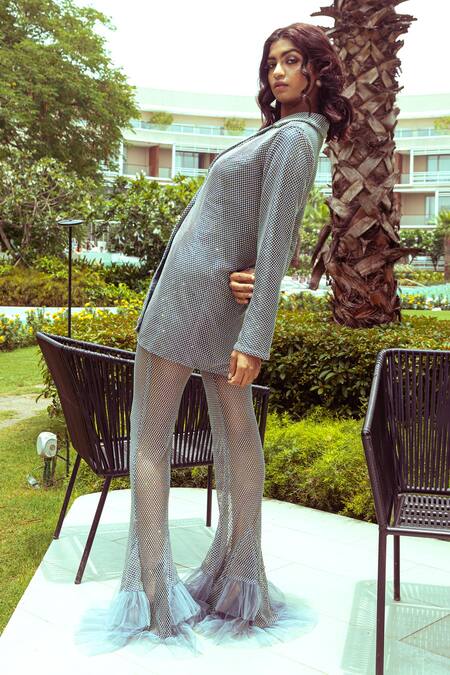 Shop Nitya Bajaj Grey Mesh Embroidery Crystal Notched Lapel Collar Suit And Pant Set at Aza Fashions Shop_Nitya Bajaj_Grey Mesh Embroidery Crystal Notched Lapel Collar Suit And Pant Set _at_Aza_Fashions