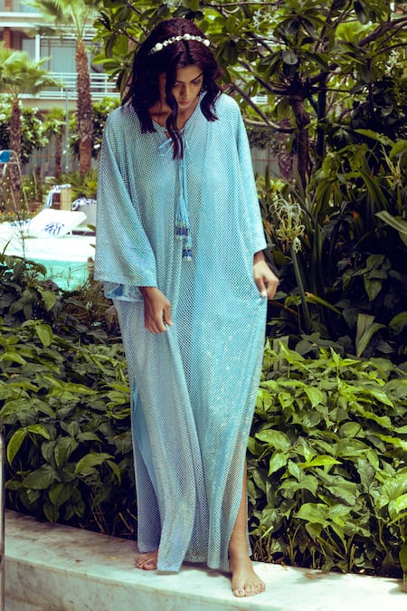 Nitya Bajaj_Blue Satin, Microfiber Tassels Keyhole Neck Crystal Hand Embroidered Kaftan_Online_at_Aza_Fashions
