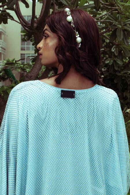 Shop_Nitya Bajaj_Blue Satin, Microfiber Tassels Keyhole Neck Crystal Hand Embroidered Kaftan
