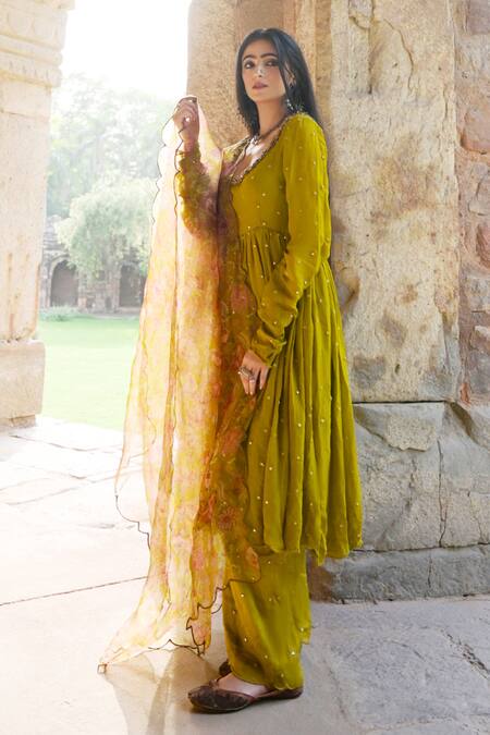 Shop_Mirkashi_Green Georgette, Chanderi, Silk Organza Mirrors, Embroidery Anarkali Pant Set_at_Aza_Fashions