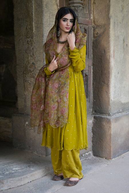 Mirkashi_Green Georgette, Chanderi, Silk Organza Mirrors, Embroidery Anarkali Pant Set_Online_at_Aza_Fashions