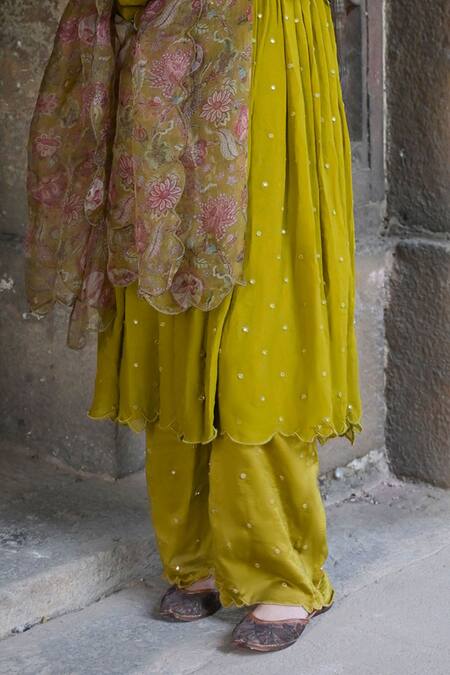 Buy_Mirkashi_Green Georgette, Chanderi, Silk Organza Mirrors, Embroidery Anarkali Pant Set_Online_at_Aza_Fashions