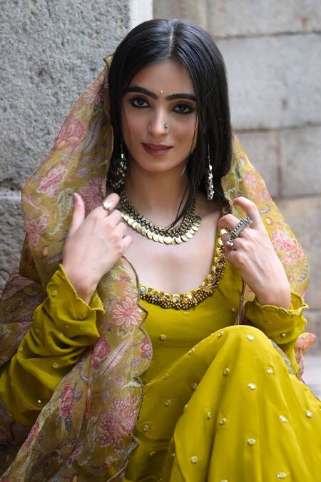 Shop_Mirkashi_Green Georgette, Chanderi, Silk Organza Mirrors, Embroidery Anarkali Pant Set_Online_at_Aza_Fashions