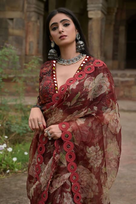 Mirkashi Maroon Silk, Organza Embroidery V-neck Floral Print Saree With Blouse Online at Aza Fashions Mirkashi_Maroon Silk, Organza Embroidery V-neck Floral Print Saree With Blouse_Online_at_Aza_Fashions